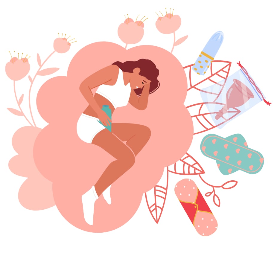 Žena s menstruačními bolestmi a menstruačními pomůckami