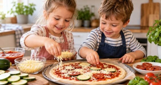 Děti společně připravují domácí pizzu