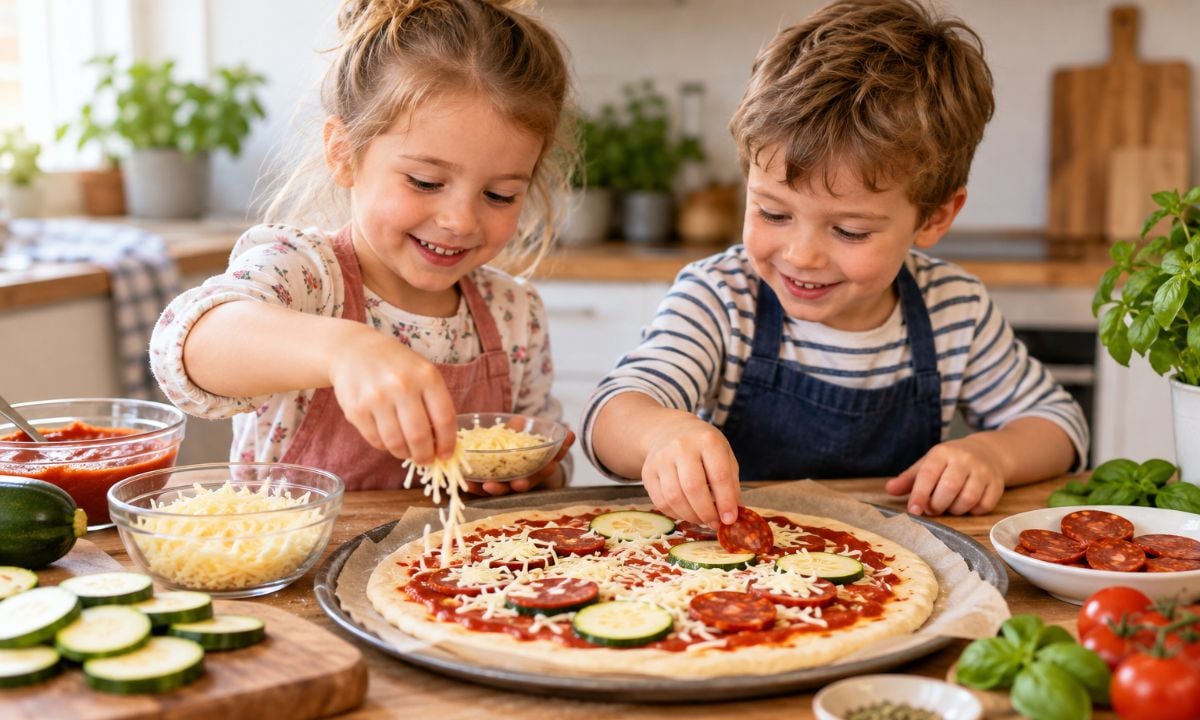 Děti společně připravují domácí pizzu