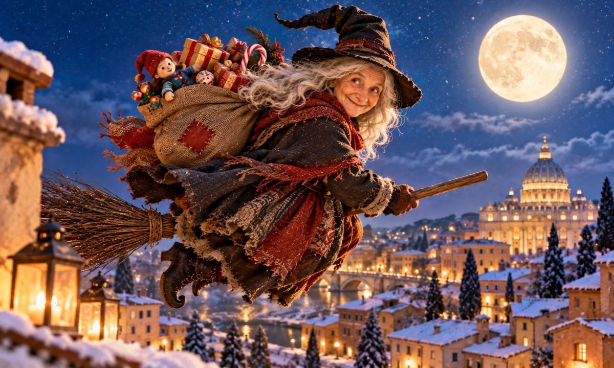 Befana nad zasněženým městem