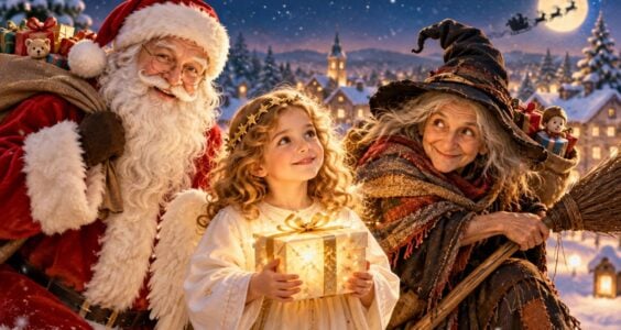 Ježíšek, Santa Claus a čarodějnice Befana s vánočními dárky v zasněžené vesničce – vánoční postavy z celého světa.