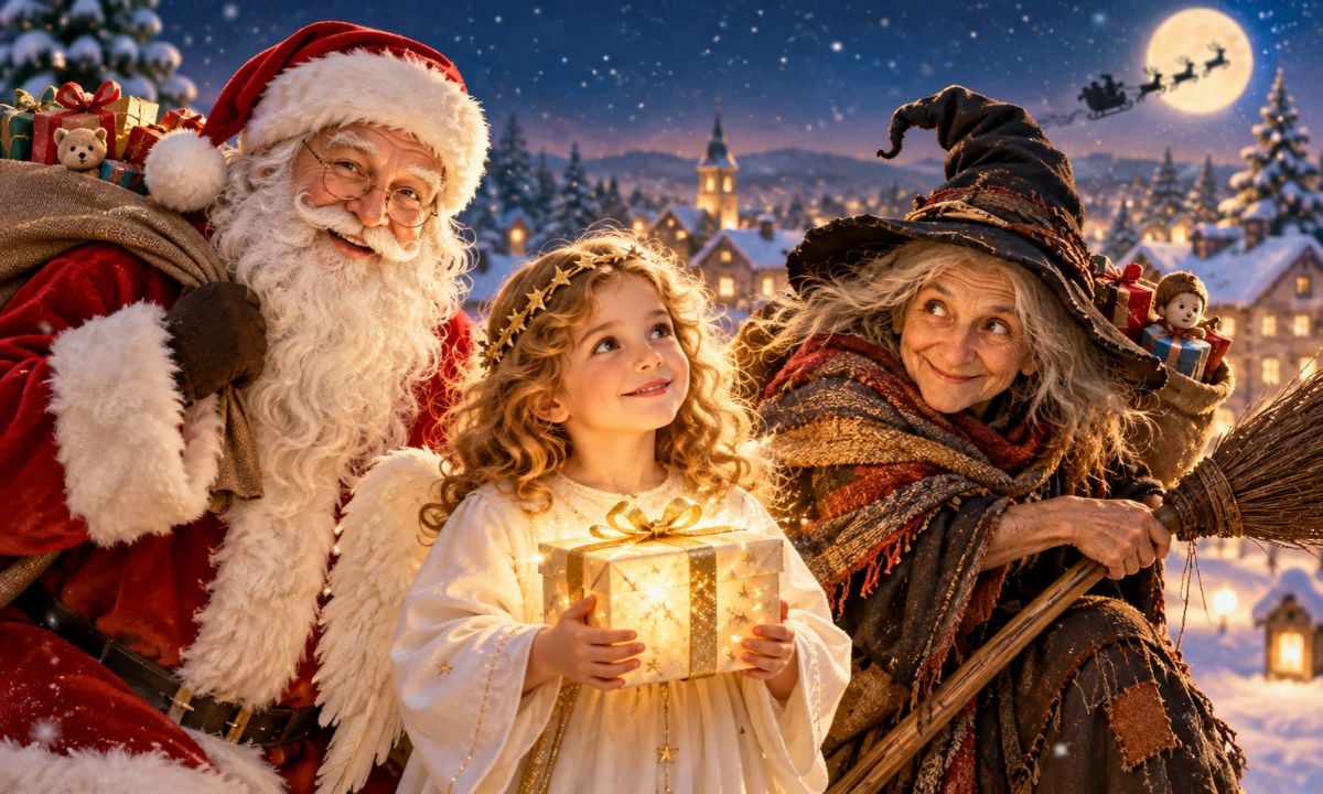 Ježíšek, Santa Claus a čarodějnice Befana s vánočními dárky v zasněžené vesničce – vánoční postavy z celého světa.