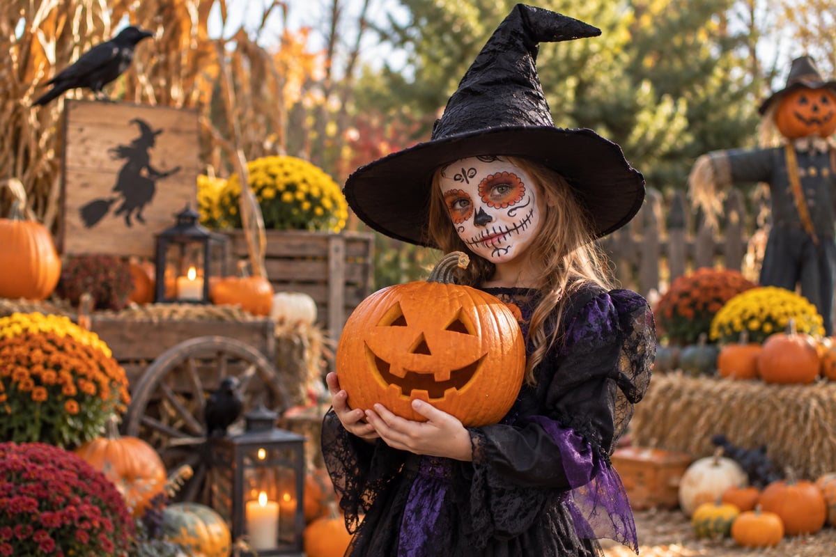 Dítě v kostýmu čarodějnice s vyřezávanou dýní na Halloweenu