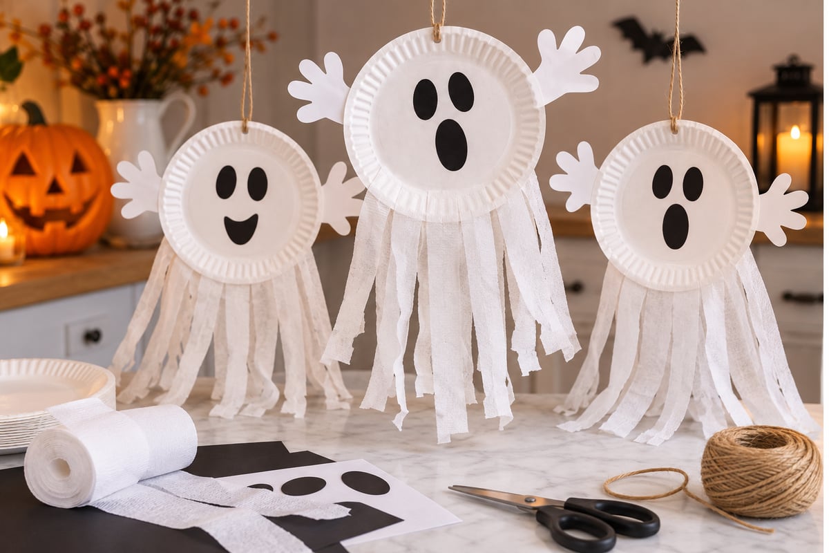 Duch z papírového talíře – jednoduchá halloweenská dekorace pro děti