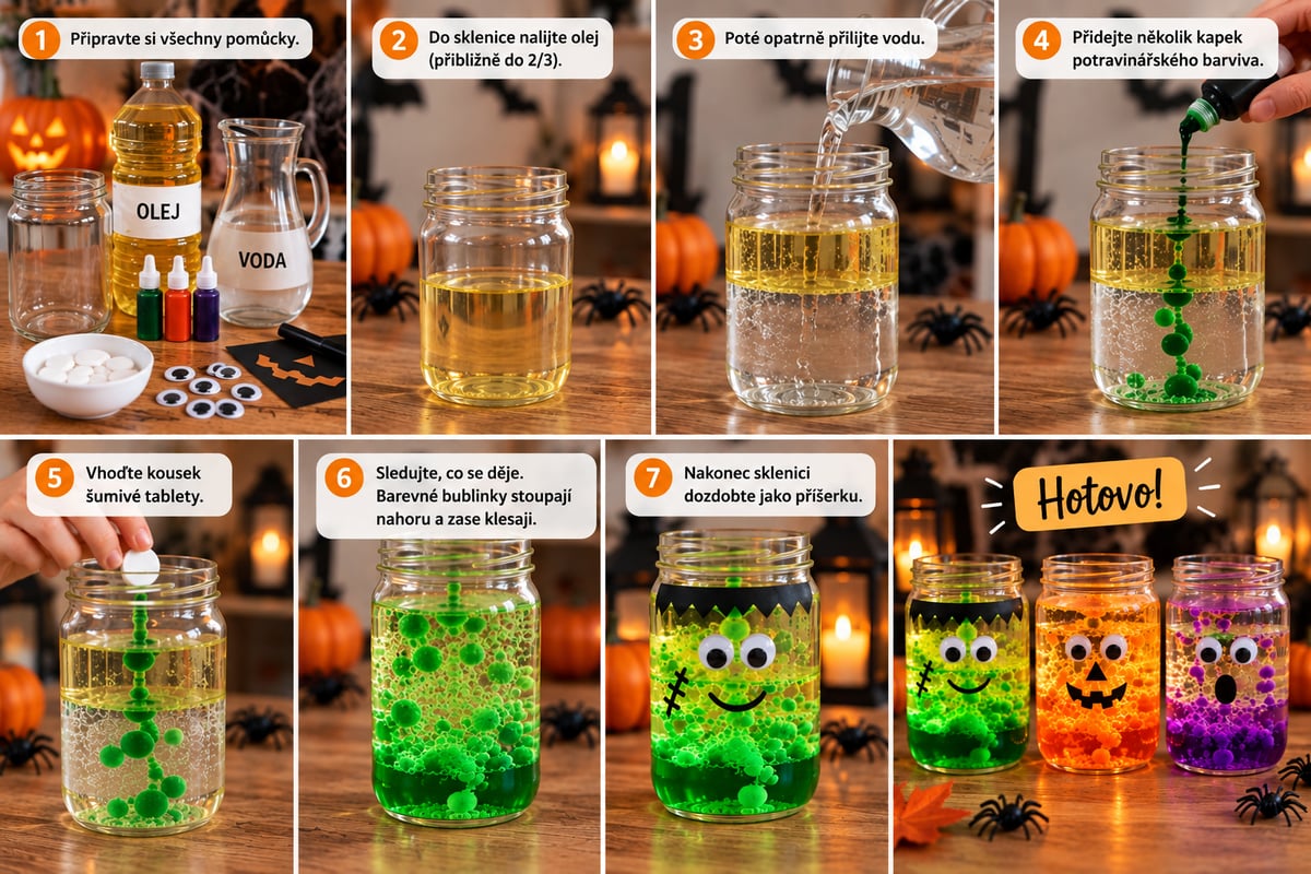 Halloweenský pokus krok za krokem – výroba bublajících příšerek jako lávové lampy