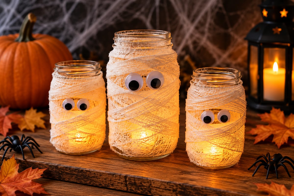 Svítící mumie ze sklenic – jednoduchá halloweenská dekorace
